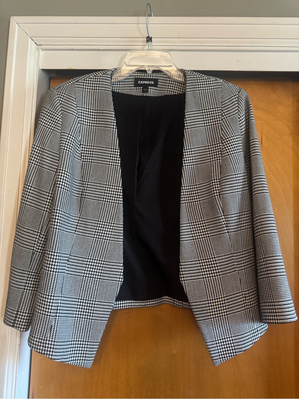 Express Black and White Glen Plaid Open-Front Blazer